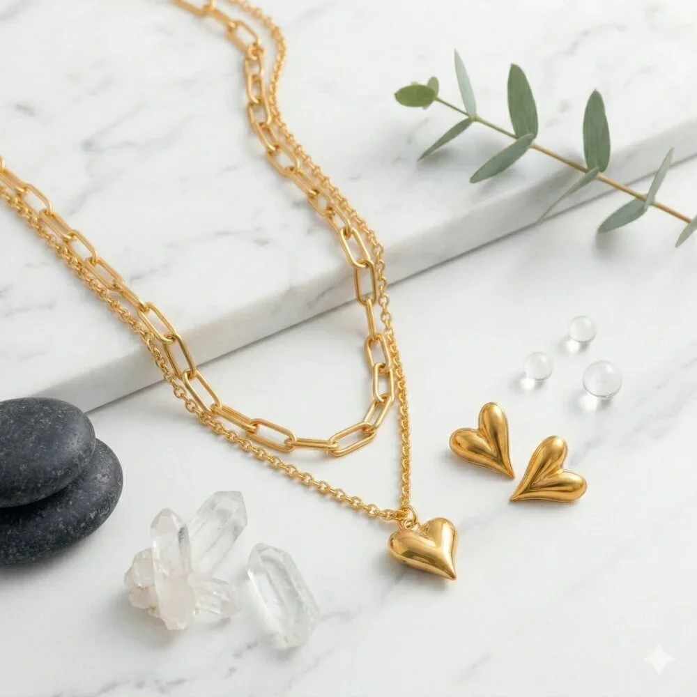 18k Gold Plated SS Puffy Heart Layered Necklace and Stud Earring Set Gold